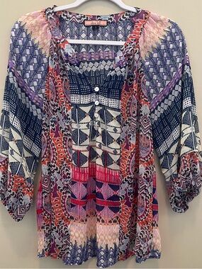 Boutique Olive Hill Mixed-Print Boho Festival Tunic Top Size L